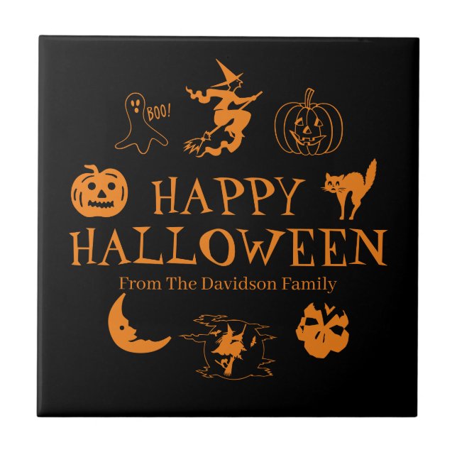 Happy Halloween custom name black orange spooky Ceramic Tile (Front)