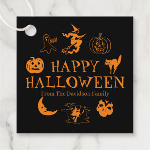 Happy Halloween custom name black orange spooky Favour Tags