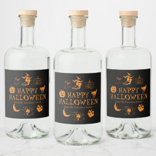 Happy Halloween custom name black orange spooky  Liquor Bottle Label