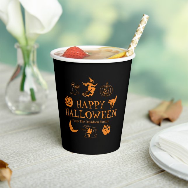 Happy Halloween custom name black orange spooky  Paper Cups (Insitu)