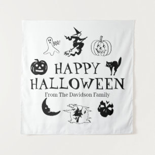 Happy Halloween custom name black white decor Tapestry