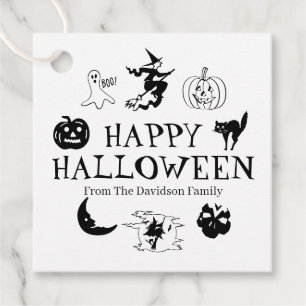 Happy Halloween custom name black white spooky Favour Tags