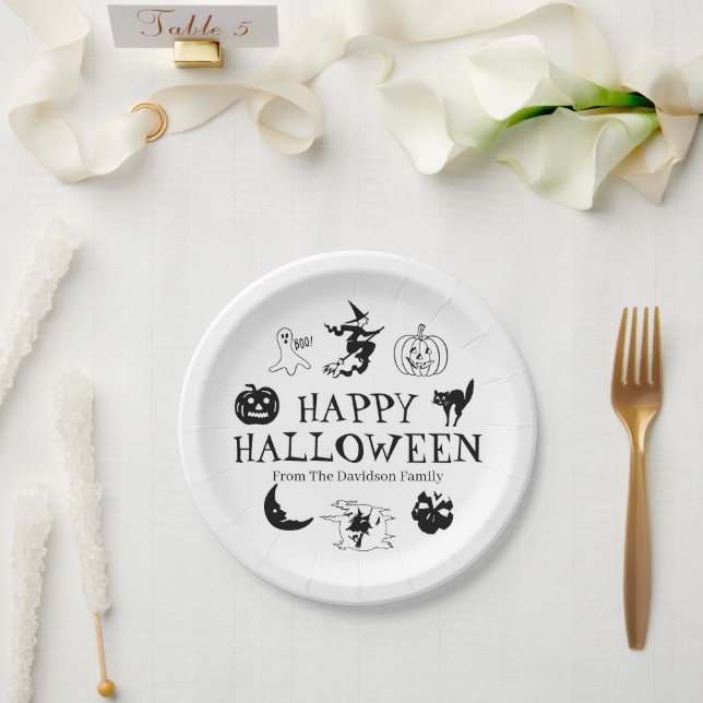 Happy Halloween custom name black white spooky Paper Plate (Wedding)