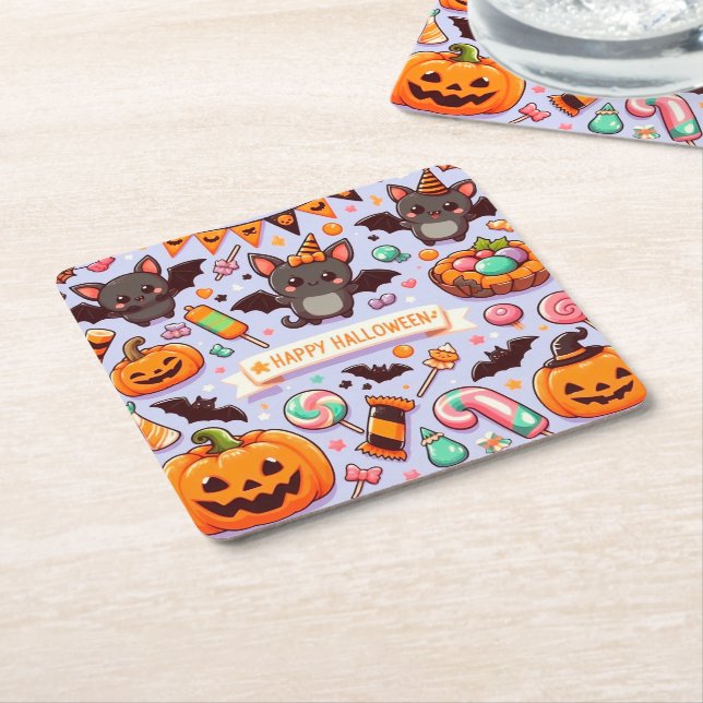 Happy halloween cute bats candy square paper coaster (Angled)