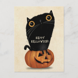 Happy Halloween Cute Black Cat Pumpkin Postcard