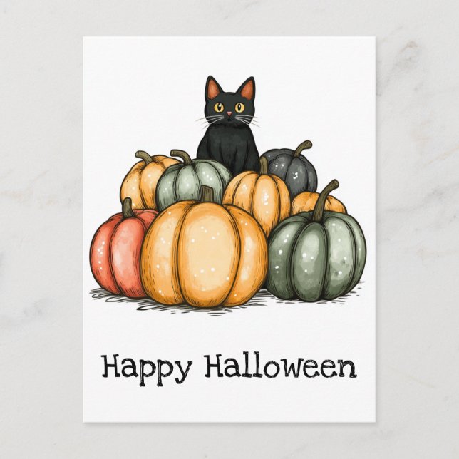 Happy Halloween Cute Black Cat Pumpkins Postcard (Front)