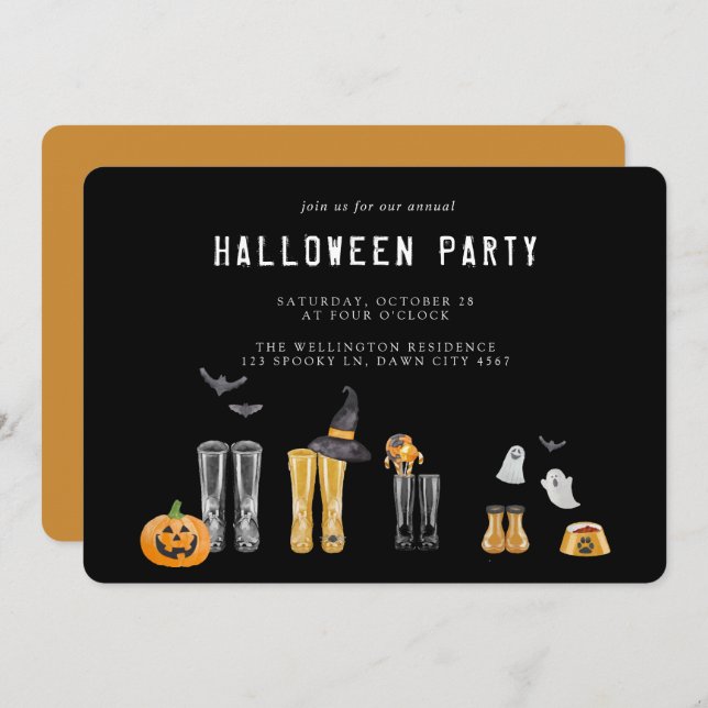 Happy Halloween Cute Black Watercolor Party Invitation (Front/Back)