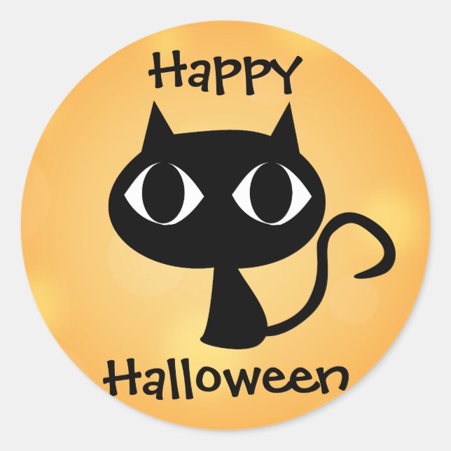Happy Halloween Cute Cartoon Black Cat Orange Classic Round Sticker (Front)
