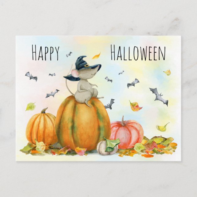 Happy Halloween Cute Cartoon Witch Mouse  Postcard (Front)