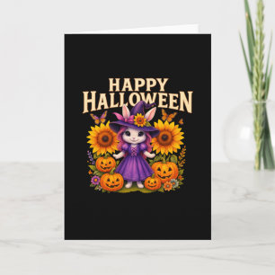 Happy Halloween Cute Cat Sunflowers Greetings Card