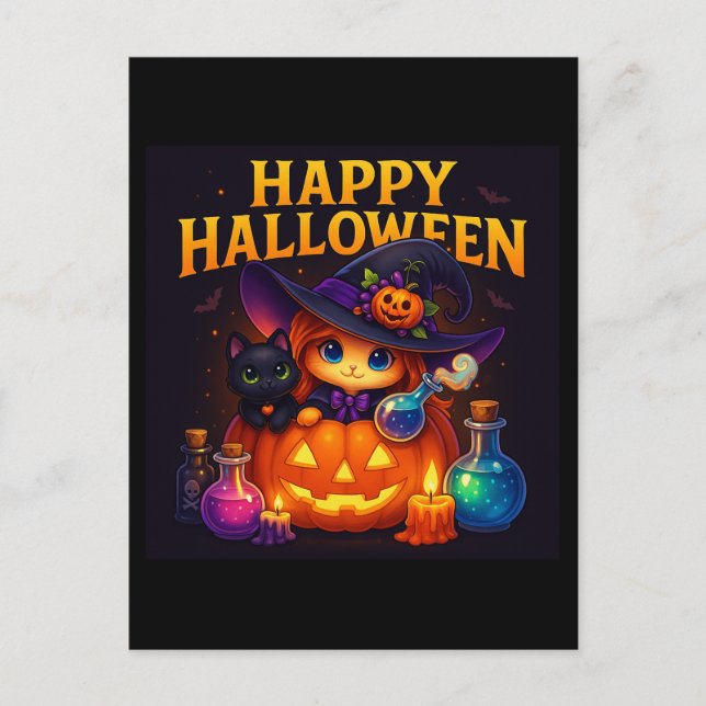 Happy Halloween Cute Cat Witch Potions Postcard (Front)