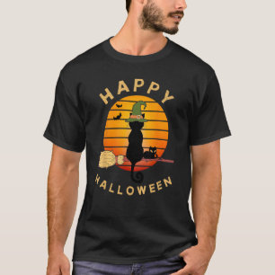 Happy Halloween Cute Cats on Broom in Pretty Sunse T-Shirt