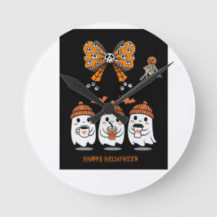 Happy Halloween – cute coffee ghosts Round Clock
