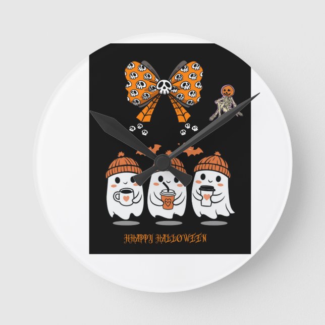 Happy Halloween – cute coffee ghosts Round Clock (Front)