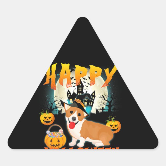 Happy Halloween Cute Corgi Witch Pumpkin Ghost Triangle Sticker (Front)