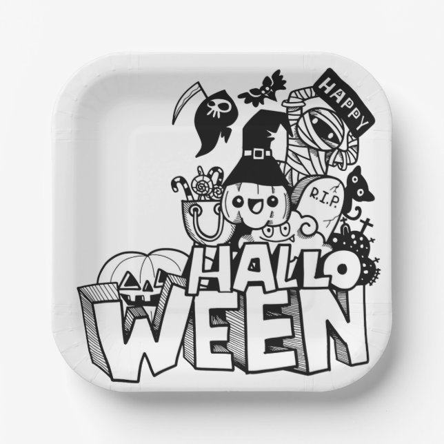 Happy Halloween Cute Doodle Pumpkin Cat Mummy Paper Plate (Front)
