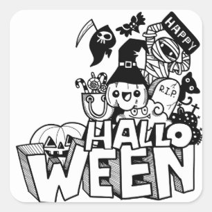 Happy Halloween Cute Doodle Pumpkin Cat Mummy Square Sticker