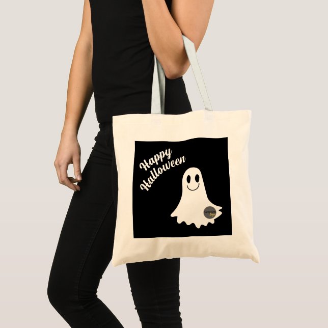 HAPPY HALLOWEEN CUTE GHOST ADD YOUR LOGO BUSINESS TOTE BAG (Front (Product))