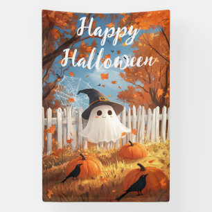 Happy Halloween Cute Ghost and Pumpkins Banner