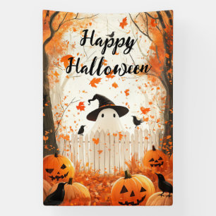 Happy Halloween Cute Ghost and Pumpkins Banner