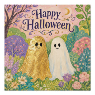 Happy Halloween Cute Ghost Flower Garden Poster