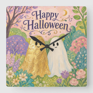 Happy Halloween Cute Ghost Flower Garden Square Wall Clock