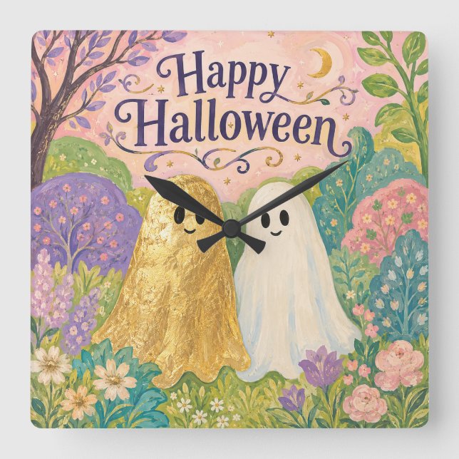 Happy Halloween Cute Ghost Flower Garden Square Wall Clock (Front)