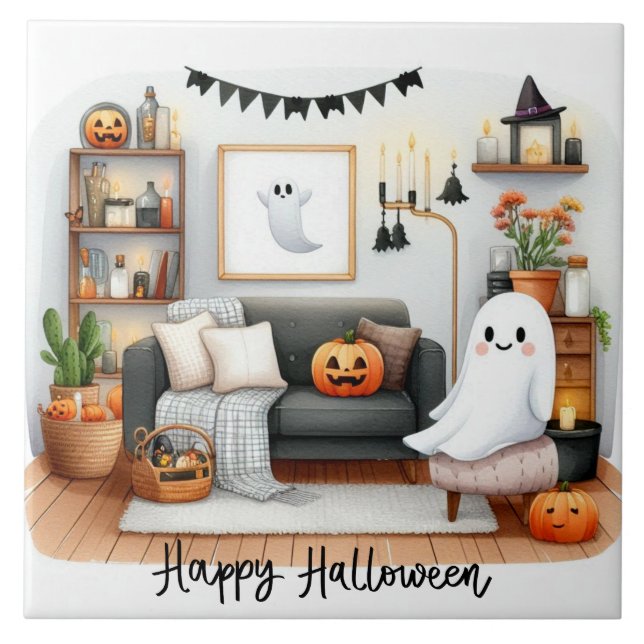 Happy Halloween Cute Ghost in His House  Ceramic Tile (Front)