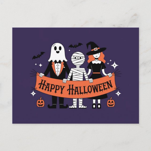 Happy Halloween | Cute Ghost, Mummy, and Witch Postcard (Front)