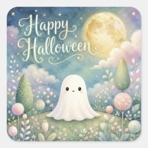 Happy Halloween Cute Ghost Pastel Garden Square Sticker