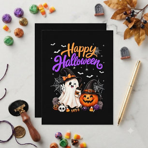 Happy Halloween Cute Ghost Pumpkin Spooky Holiday Postcard