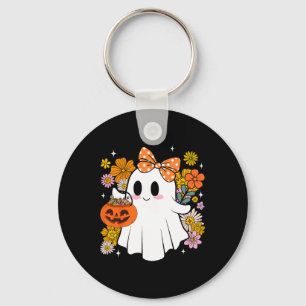 Happy Halloween Cute Ghost Vintage Floral Trick Or Key Ring