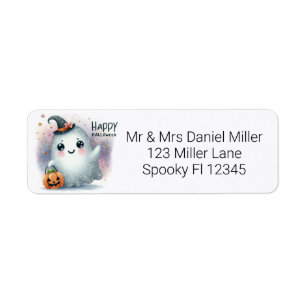 Happy Halloween Cute Ghost with Pumpkin Basket Return Address Label
