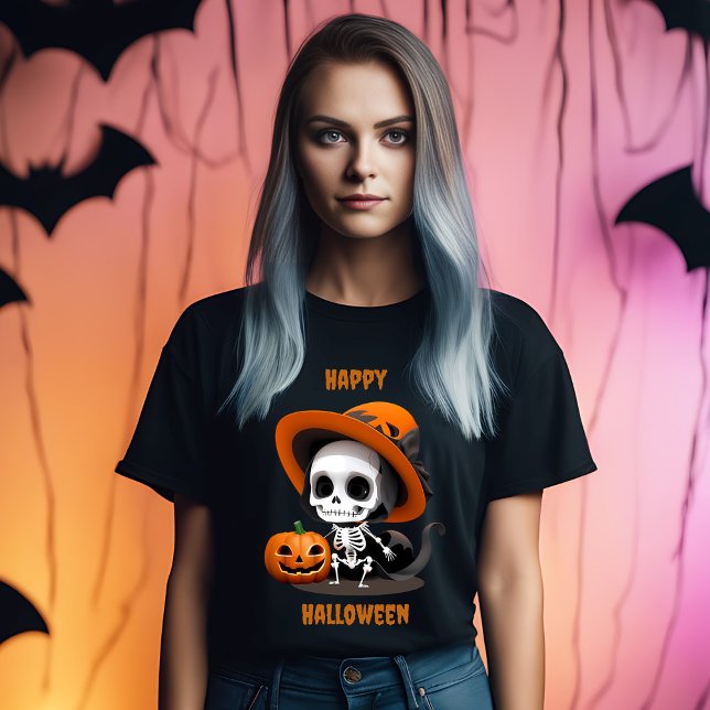 Happy Halloween Cute Kawaii Skeleton & Pumpkin T-Shirt (Creator Uploaded)
