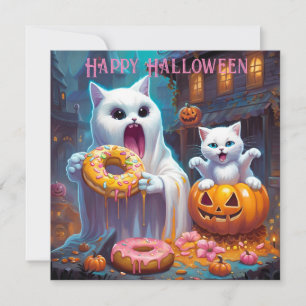 Happy Halloween -Cute Kitten and Ghost eat Doughnu
