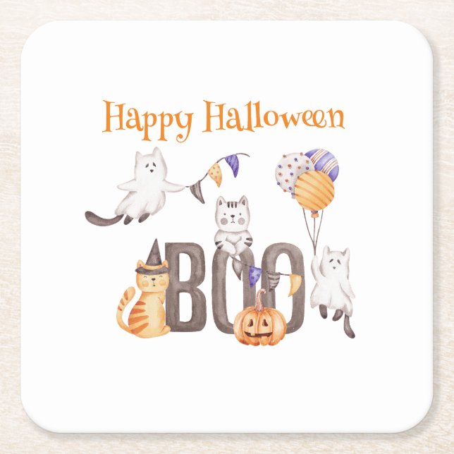 Happy Halloween |  CUTE KITTENS & BOO Square Paper Coaster (Front)