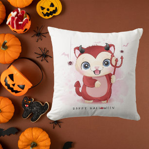 Happy Halloween Cute Kitty Devil Spider Flying Bat Cushion