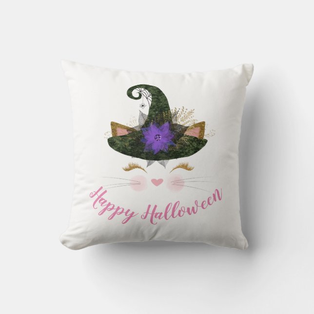 Happy Halloween Cute Kitty Witch Cushion (Front)