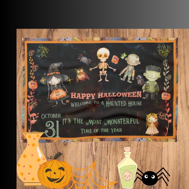 Happy Halloween Cute Monsters Orange Tea Towel (Happy Halloween Cute Monsters Orange Kitchen Towel)