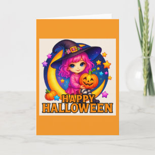 Happy Halloween Cute Moon Witch Greetings Card