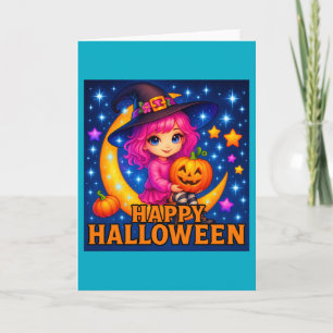 Happy Halloween Cute Moon Witch Greetings Card