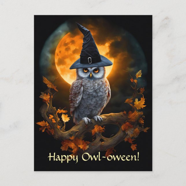 Happy Halloween Cute Owl Warlock Hat Holiday Postcard (Front)