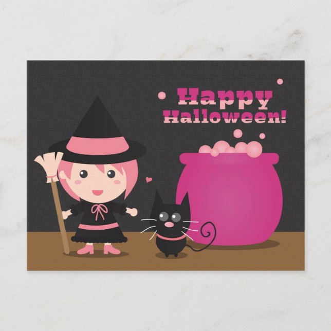 Happy Halloween, Cute Pink Witch and Black Cat Postcard (Front)