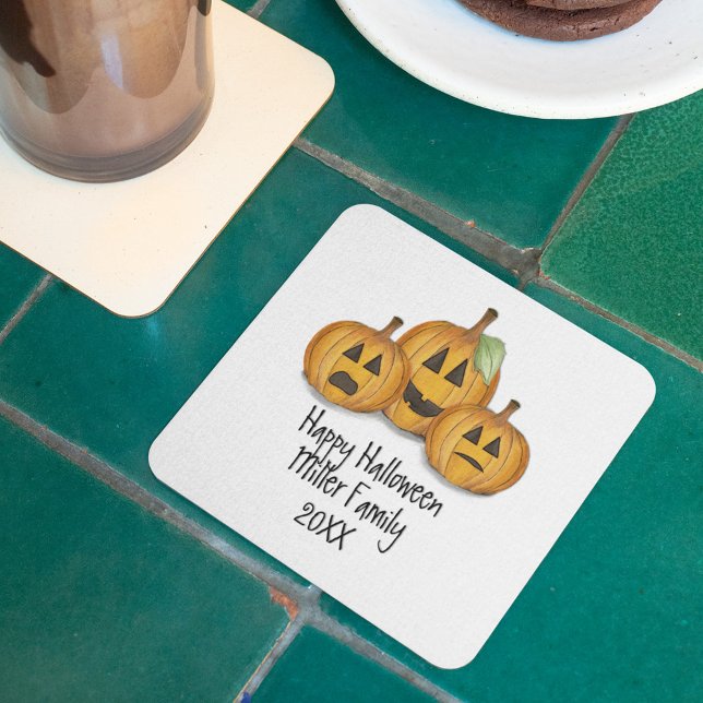 Happy Halloween Cute Pumpkins Custom Square Paper Coaster (Happy Halloween Pumpkins coaster)