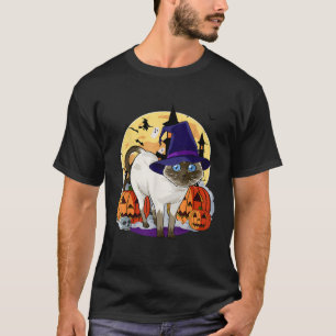 Happy Halloween Cute Siamese Cat Funny Witch Pumpk T-Shirt