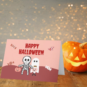 Happy Halloween Cute Skeleton and Ghost with Candy Card