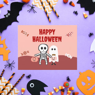 Happy Halloween Cute Skeleton and Ghost with Candy Holiday Card