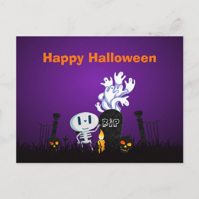 Happy Halloween Cute Skeleton And Ghosts Postcard (Front)