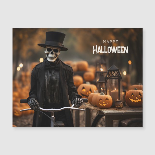Happy Halloween cute skeleton with a bicycle (Front)