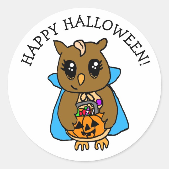 Happy Halloween Cute Whimsical Owl with Candy Classic Round Sticker (Front)